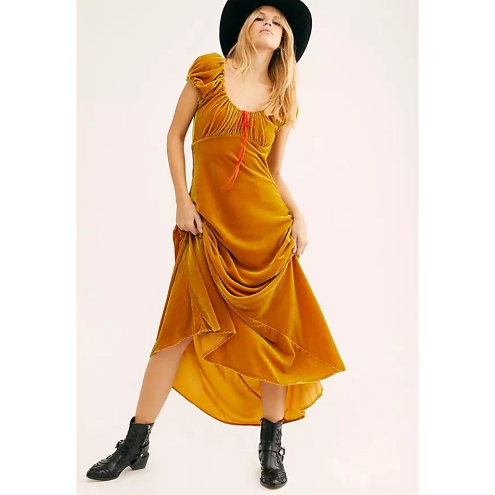 Free People Delia Mustard Gold Maxi Dress